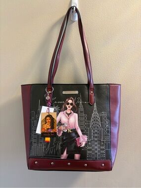 Nicole Lee Burgundy & Black Cityscape Tote